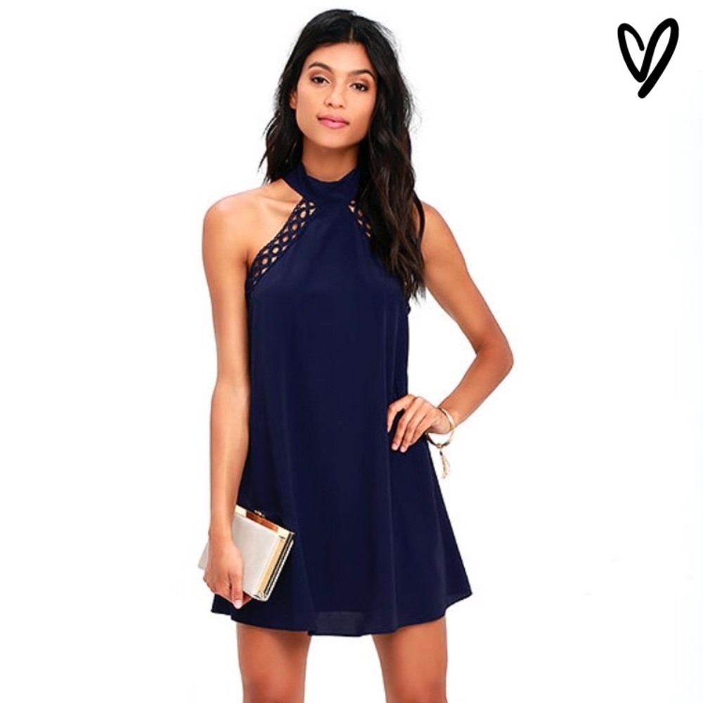 Blue high neck back tie dress